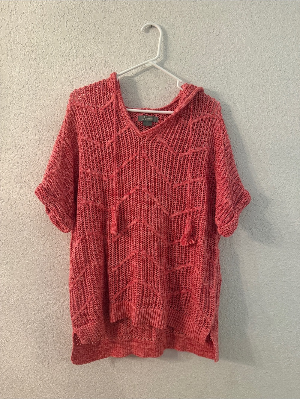 Natural Reflections Coral Open-Knit V-Neck Hoodie Sweater